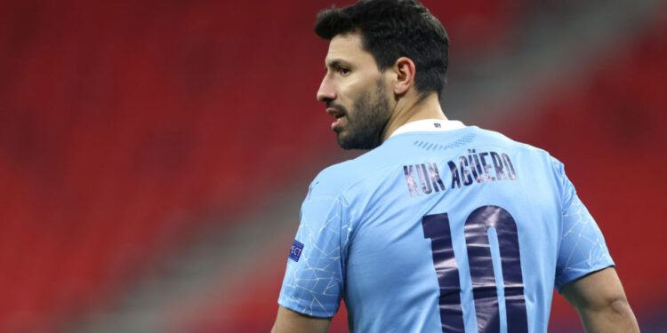 BUDAPEST, HUNGARY - MARCH 16: Sergio Aguero of Manchester City looks on during the UEFA Champions League Round of 16 match between Manchester City and Borussia Moenchengladbach at Puskas Arena on March 16, 2021 in Budapest, Hungary. Manchester City face Borussia Moenchengladbach at a neutral venue in Budapest behind closed doors to prevent the spread of Covid-19 variants. (Photo by Manchester City FC/Manchester City FC via Getty Images)