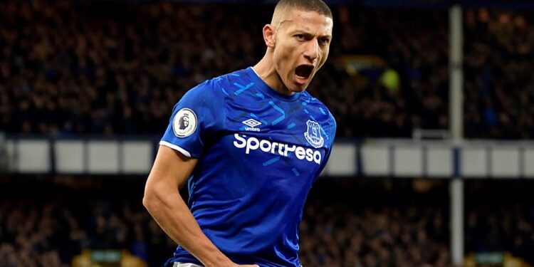 LIVERPOOL, ENGLAND - JANUARY 11:  Richarlison of Everton celebrates his goal during the Premier League match between Everton and Brighton & Hove Albion at Goodison Park on January 11, 2020 in Liverpool, England. (Photo by Tony McArdle/Everton FC via Getty Images)