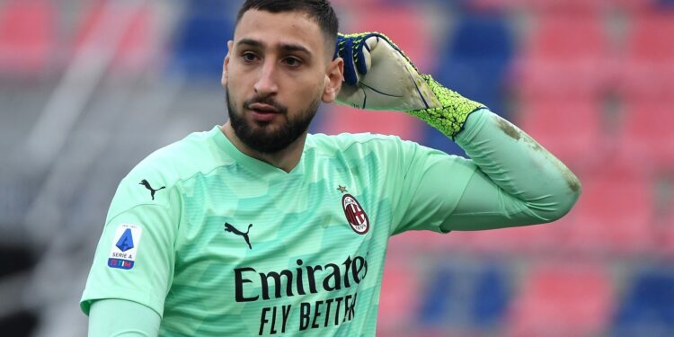 RENATO DALL'ARA STADIUM, BOLOGNA, ITALY - 2021/01/30: Gianluigi Donnarumma of Milan reacts during the Serie A football match between Bologna FC and AC Milan. AC Milan won 2-1 over Bologna FC. (Photo by Andrea Staccioli/Insidefoto/LightRocket via Getty Images)