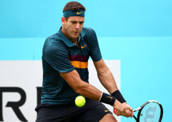 LONDON, ENGLAND - JUNE 19: Juan Martin del Potro of Argentina plays a backhand during his First Round Singles Match against Denis Shapovalov of Canada during day Three of the Fever-Tree Championships at Queens Club on June 19, 2019 in London, United Kingdom. (Photo by Clive Brunskill/Getty Images)