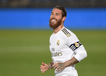 MADRID, SPAIN - JUNE 18: Sergio Ramos of Real Madrid CF smiles during the Liga match between Real Madrid CF and Valencia CF at Estadio Alfredo Di Stefano on June 18, 2020 in Madrid, Spain. (Photo by Denis Doyle/Getty Images)