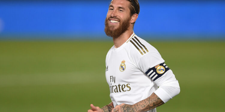 MADRID, SPAIN - JUNE 18: Sergio Ramos of Real Madrid CF smiles during the Liga match between Real Madrid CF and Valencia CF at Estadio Alfredo Di Stefano on June 18, 2020 in Madrid, Spain. (Photo by Denis Doyle/Getty Images)