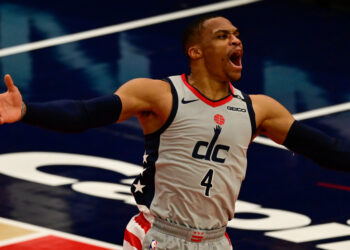 May 20, 2021; Washington, District of Columbia, USA;  Washington Wizards guard Russell Westbrook (4) reacts after making a basket during the third quarter against the Indiana Pacers at Capital One Arena. Mandatory Credit: Tommy Gilligan-USA TODAY Sports
