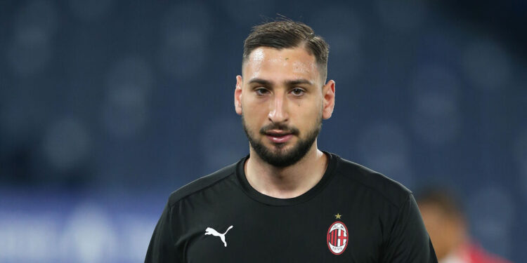 ROME, ITALY - APRIL 26: Gianluigi Donnarumma of A.C. Milan looks on prior to the Serie A match between SS Lazio and AC Milan at Stadio Olimpico on April 26, 2021 in Rome, Italy. Sporting stadiums around Italy remain under strict restrictions due to the Coronavirus Pandemic as Government social distancing laws prohibit fans inside venues resulting in games being played behind closed doors. (Photo by Paolo Bruno/Getty Images)