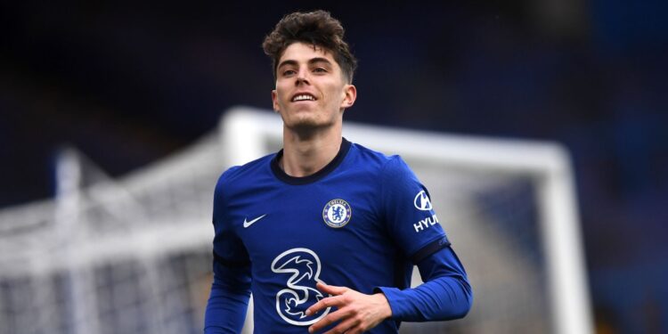 Chelsea's Kai Havertz celebrates scoring their side's second goal of the game during the Premier League match at Stamford Bridge, London. Issue date: Saturday May 1, 2021. (Photo by Neil Hall/PA Images via Getty Images)