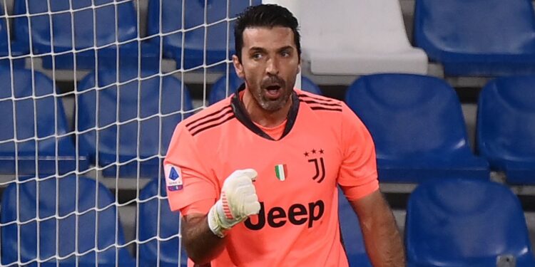 Juventus' Italian goalkeeper Gianluigi Buffon reacts after deflecting a penalty during the Italian Serie A football match Sassuolo vs Juventus on May 12, 2021 at the Mapei-Citta del Tricolore stadium in Reggio Emilia. (Photo by Marco BERTORELLO / AFP) (Photo by MARCO BERTORELLO/AFP via Getty Images)