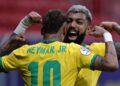 13th June 2021 Mane Garrincha Stadium, Brasilia, Distrito Federal, Brazil Copa America, Brazil versus Venezuela Gabriel Barbosa of Brazil celebrates his goal with Neymar in the 89th minute 3-0 PUBLICATIONxNOTxINxUK ActionPlus12296098 AdalbertoxMarques