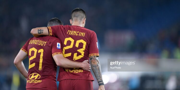 Jordan Veretout of AS Roma celebrate with Gianluca Mancini of AS Roma after Edin Dzeko of AS Roma scored first goal during the Serie A match between AS Roma and AC Milan at Stadio Olimpico, Rome, Italy on 27 October 2019. (Photo by Giuseppe Maffia/NurPhoto via Getty Images)