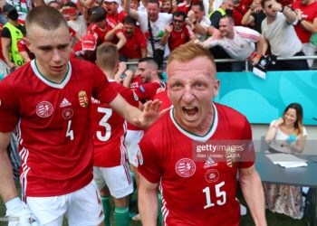 BUDAPEST, HUNGARY - JUNE 19: Laszlo Kleinheisler of Hungary celebrates their side's first goal scored by team mate Attila Fiola (not pictured) during the UEFA Euro 2020 Championship Group F match between Hungary and France at Puskas Arena on June 19, 2021 in Budapest, Hungary. (Photo by Alex Livesey - UEFA/UEFA via Getty Images)