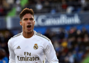 Real Madrid's French defender Raphael Varane celebrates his goal during the Spanish league football match between Getafe CF and Real Madrid CF at the Col. Alfonso Perez stadium in Getafe on January 4, 2020. (Photo by OSCAR DEL POZO / AFP) (Photo by OSCAR DEL POZO/AFP via Getty Images)