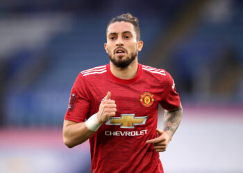 LEICESTER, ENGLAND - MARCH 21: Alex Telles of Manchester United during the Emirates FA Cup Quarter Final match between Leicester City and Manchester United at The King Power Stadium on March 21, 2021 in Leicester, England. Sporting stadiums around the UK remain under strict restrictions due to the Coronavirus Pandemic as Government social distancing laws prohibit fans inside venues resulting in games being played behind closed doors.  (Photo by Alex Pantling/Getty Images)
