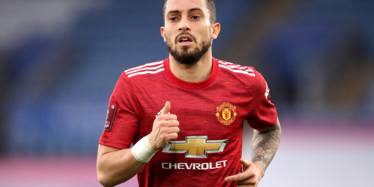 LEICESTER, ENGLAND - MARCH 21: Alex Telles of Manchester United during the Emirates FA Cup Quarter Final match between Leicester City and Manchester United at The King Power Stadium on March 21, 2021 in Leicester, England. Sporting stadiums around the UK remain under strict restrictions due to the Coronavirus Pandemic as Government social distancing laws prohibit fans inside venues resulting in games being played behind closed doors.  (Photo by Alex Pantling/Getty Images)