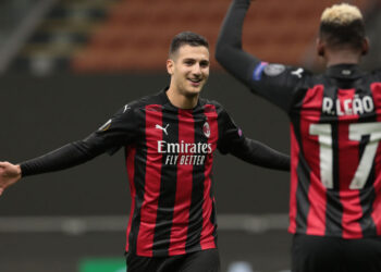 MILAN, ITALY - OCTOBER 29:  Diogo Dalot of AC Milan celebrates his goal with his team-mate Rafael Leao during the UEFA Europa League Group H stage match between AC Milan and AC Sparta Praha at San Siro Stadium on October 29, 2020 in Milan, Italy. (Photo by Emilio Andreoli/Getty Images)