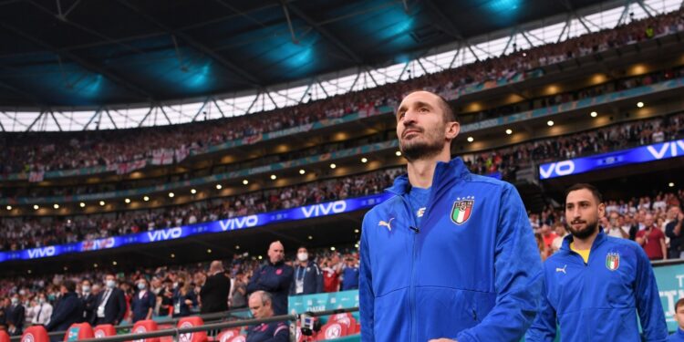 LONDON, ENGLAND - JULY 11: Giorgio Chiellini of Italy leads the team on to the pitch prior to the UEFA Euro 2020 Championship Final between Italy and England at Wembley Stadium on July 11, 2021 in London, England. (Photo by Shaun Botterill - UEFA/UEFA via Getty Images)