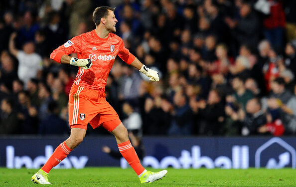 LONDON, ENGLAND - SEPTEMBER 27: Marcus Bettinelli of Fulham celebrates his team's first goal during the Sky Bet Championship match between Fulham and Wigan Athletic at Craven Cottage on September 27, 2019 in London, England. (Photo by Alex Burstow/Getty Images)
