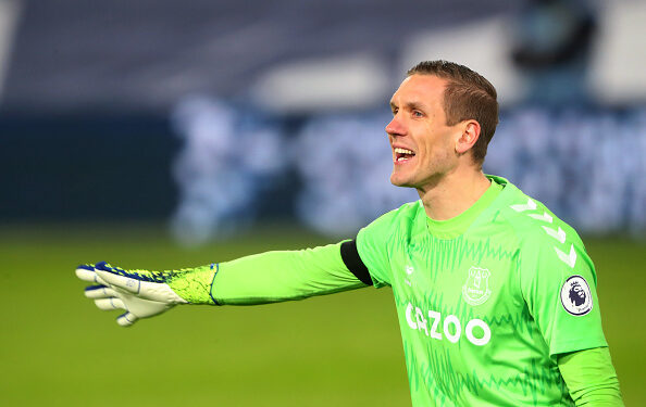 LEEDS, ENGLAND - FEBRUARY 03: Everton goalkeeper Robin Olsen during the Premier League match between Leeds United and Everton at Elland Road on February 3, 2021 in Leeds, United Kingdom. (Photo by Paul Greenwood - CameraSport via Getty Images)