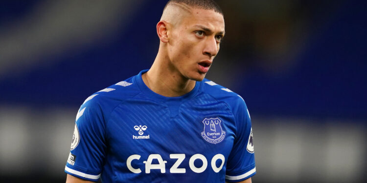 LIVERPOOL, ENGLAND - MARCH 13: Richarlison of Everton looks on during the Premier League match between Everton and Burnley at Goodison Park on March 13, 2021 in Liverpool, England. Sporting stadiums around the UK remain under strict restrictions due to the Coronavirus Pandemic as Government social distancing laws prohibit fans inside venues resulting in games being played behind closed doors. (Photo by Jon Super - Pool/Getty Images)