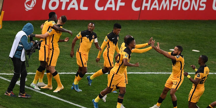 JOHANNESBURG, SOUTH AFRICA - MAY 15:  Erick Mathoho of Kaizer Chiefs celebrates his goal with teammates during the CAF Champions League, 1st Leg quarter final match between Kaizer Chiefs and Simba SC at FNB Stadium on May 15, 2021 in Johannesburg, South Africa. (Photo by Lefty Shivambu/Gallo Images)