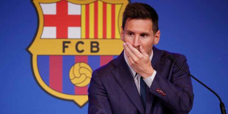 Soccer Football - Lionel Messi holds an FC Barcelona press conference - 1899 Auditorium, Camp Nou, Barcelona, Spain - August 8, 2021 Lionel Messi during the press conference REUTERS/Albert Gea