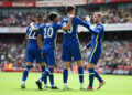 LONDON, ENGLAND - AUGUST 01: Kai Havertz of Chelsea celebrates with Hakim Ziyech, Christian Pulisic and Timo Werner after scoring their side's first goal during the Pre-Season Friendly match between Arsenal and Chelsea at Emirates Stadium on August 01, 2021 in London, England. (Photo by Harriet Lander - Chelsea FC/Chelsea FC via Getty Images)