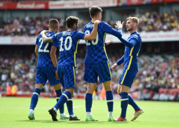 LONDON, ENGLAND - AUGUST 01: Kai Havertz of Chelsea celebrates with Hakim Ziyech, Christian Pulisic and Timo Werner after scoring their side's first goal during the Pre-Season Friendly match between Arsenal and Chelsea at Emirates Stadium on August 01, 2021 in London, England. (Photo by Harriet Lander - Chelsea FC/Chelsea FC via Getty Images)