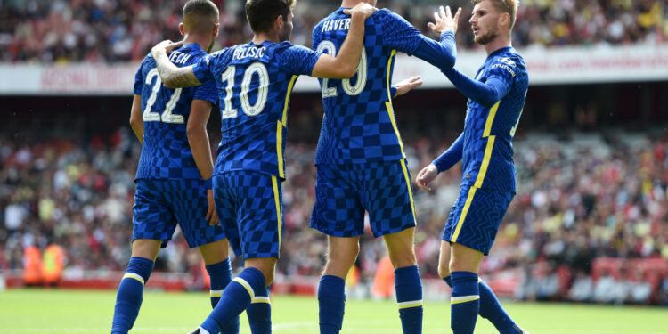 LONDON, ENGLAND - AUGUST 01: Kai Havertz of Chelsea celebrates with Hakim Ziyech, Christian Pulisic and Timo Werner after scoring their side's first goal during the Pre-Season Friendly match between Arsenal and Chelsea at Emirates Stadium on August 01, 2021 in London, England. (Photo by Harriet Lander - Chelsea FC/Chelsea FC via Getty Images)