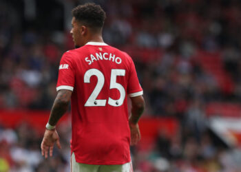 MANCHESTER, ENGLAND - AUGUST 14: Jadon Sancho of Manchester United in action during the Premier League match between Manchester United  and  Leeds United at Old Trafford on August 14, 2021 in Manchester, England. (Photo by Matthew Peters/Manchester United via Getty Images)