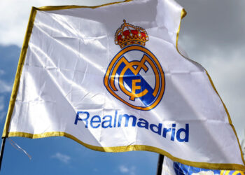 A general view of Real Madrid flags on display outside the stadium grounds