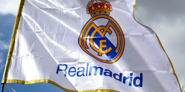 A general view of Real Madrid flags on display outside the stadium grounds