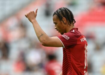 Bayern Munich's German midfielder Leroy Sane reacts during  the Audi Summer Tour 2021 football match between FC Bayern Munich and SSC Napoli on July 31, 2021 in Munich. (Photo by Christof STACHE / AFP) (Photo by CHRISTOF STACHE/AFP via Getty Images)