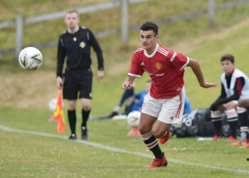 PORTSTEWART, NORTHERN IRELAND - JULY 26: Zach Giggs of Manchester United during the Super Cup NI under-16 match between Manchester United and Coleraine on July 26, 2021 in Portstewart, Northern Ireland. (Photo by Charles McQuillan/Getty Images)