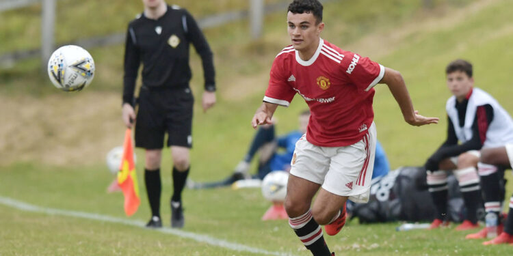 PORTSTEWART, NORTHERN IRELAND - JULY 26: Zach Giggs of Manchester United during the Super Cup NI under-16 match between Manchester United and Coleraine on July 26, 2021 in Portstewart, Northern Ireland. (Photo by Charles McQuillan/Getty Images)