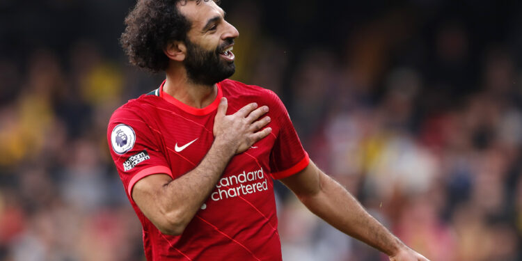 Soccer Football - Premier League - Watford v Liverpool - Vicarage Road, Watford, Britain - October 16, 2021 Liverpool's Mohamed Salah celebrates scoring their fourth goal Action Images via Reuters/Andrew Couldridge