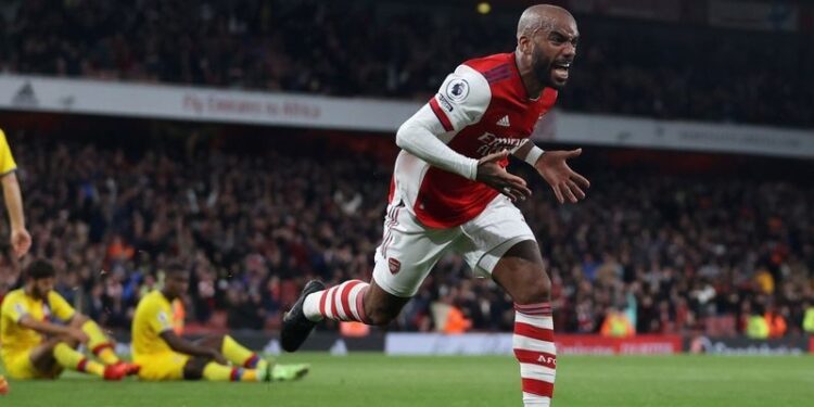 Soccer Football - Premier League - Arsenal v Crystal Palace - Emirates Stadium, London, Britain - October 18, 2021 Arsenal's Alexandre Lacazette celebrates scoring their second goal REUTERS/Hannah Mckay