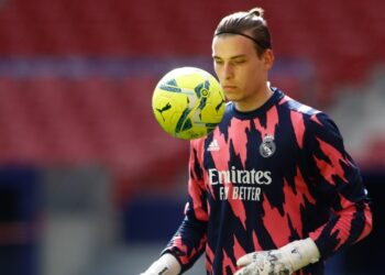 March 7, 2021, MADRID, MADRID, SPAIN: Andriy Lunin of Real Madrid warms up during the spanish league, La Liga Santander, football match played between Atletico de Madrid and Real Madrid at Wanda Metropolitano stadium on March 7, 2021, in Madrid, Spain. (Credit Image: Global Look Press/Keystone Press Agency)