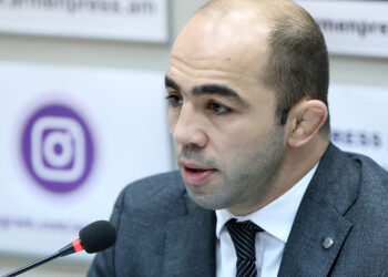 Silver medalist of the Olympic Games MP Arsen Julfalakyan gives a press conference at the ‘Armenpress’ state news agency