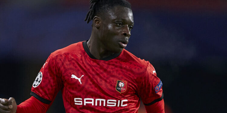 RENNES, FRANCE - DECEMBER 08: Jeremy Doku of Stade Rennais in action during the UEFA Champions League Group E stage match between Stade Rennais and Sevilla FC at Roazhon Park on December 08, 2020 in Rennes, France. (Photo by Mateo Villalba/Quality Sport Images/Getty Images)