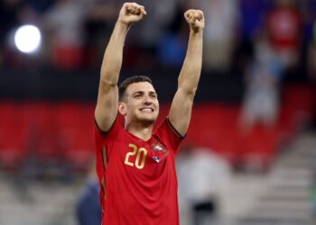 BUDAPEST, HUNGARY - JUNE 23: Diogo Dalot of Portugal acknowledges the fans following the UEFA Euro 2020 Championship Group F match between Portugal and France at Puskas Arena on June 23, 2021 in Budapest, Hungary. (Photo by Alex Pantling/Getty Images)