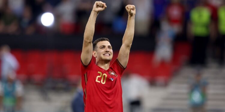 BUDAPEST, HUNGARY - JUNE 23: Diogo Dalot of Portugal acknowledges the fans following the UEFA Euro 2020 Championship Group F match between Portugal and France at Puskas Arena on June 23, 2021 in Budapest, Hungary. (Photo by Alex Pantling/Getty Images)