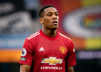 MANCHESTER, ENGLAND - MARCH 07:   Anthony Martial of Manchester United in action during the Premier League match between Manchester City and Manchester United at Etihad Stadium on March 7, 2021 in Manchester, United Kingdom. Sporting stadiums around the UK remain under strict restrictions due to the Coronavirus Pandemic as Government social distancing laws prohibit fans inside venues resulting in games being played behind closed doors. (Photo by Ash Donelon/Manchester United via Getty Images)