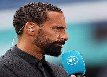 LONDON, ENGLAND - SEPTEMBER 25: BT Sport pundit Rio Ferdinand during the Premier League match between Chelsea and Manchester City at Stamford Bridge on September 25, 2021 in London, England. (Photo by Marc Atkins/Getty Images)
