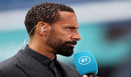 LONDON, ENGLAND - SEPTEMBER 25: BT Sport pundit Rio Ferdinand during the Premier League match between Chelsea and Manchester City at Stamford Bridge on September 25, 2021 in London, England. (Photo by Marc Atkins/Getty Images)