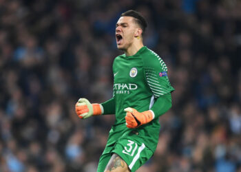 MANCHESTER, ENGLAND - APRIL 10:  Ederson of Manchester City celebrates after his team score a goal which is later dissalowed during the UEFA Champions League Quarter Final Second Leg match between Manchester City and Liverpool at Etihad Stadium on April 10, 2018 in Manchester, England.  (Photo by Shaun Botterill/Getty Images,)