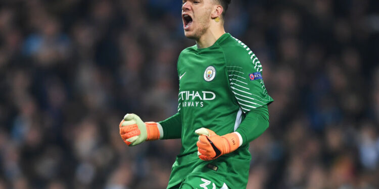 MANCHESTER, ENGLAND - APRIL 10: Ederson of Manchester City celebrates after his team score a goal which is later dissalowed during the UEFA Champions League Quarter Final Second Leg match between Manchester City and Liverpool at Etihad Stadium on April 10, 2018 in Manchester, England. (Photo by Shaun Botterill/Getty Images,)