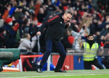 MANCHESTER, ENGLAND - DECEMBER 05: Manchester United interim manager Ralf Rangnick celebrates their 1st goal during the Premier League match between Manchester United and Crystal Palace at Old Trafford on December 5, 2021 in Manchester, England. (Photo by Simon Stacpoole/Offside/Offside via Getty Images)