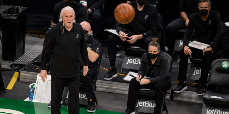 BOSTON, MASSACHUSETTS - APRIL 30: San Antonio Spurs head coach Gregg Popovich looks on during the first half of a game between the Boston Celtics and the San Antonio Spurs at TD Garden on April 30, 2021 in Boston, Massachusetts. NOTE TO USER: User expressly acknowledges and agrees that, by downloading and or using this photograph, User is consenting to the terms and conditions of the Getty Images License Agreement. (Photo by Maddie Malhotra/Getty Images)