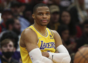 Dec 28, 2021; Houston, Texas, USA; Los Angeles Lakers guard Russell Westbrook (0) looks on during the game against the Houston Rockets at Toyota Center. Mandatory Credit: Troy Taormina-USA TODAY Sports