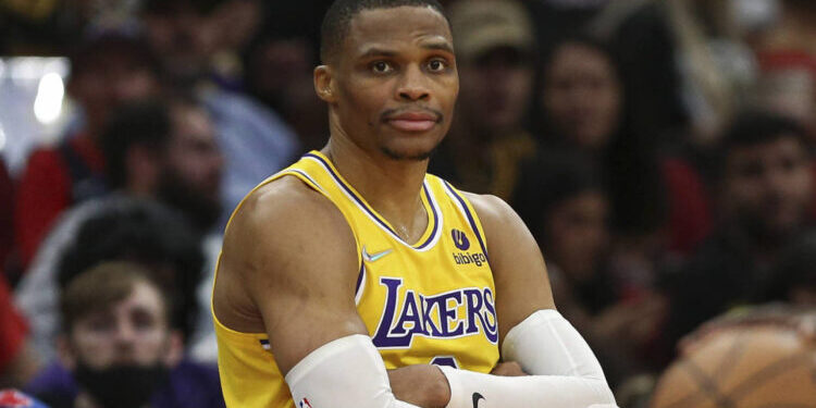 Dec 28, 2021; Houston, Texas, USA; Los Angeles Lakers guard Russell Westbrook (0) looks on during the game against the Houston Rockets at Toyota Center. Mandatory Credit: Troy Taormina-USA TODAY Sports