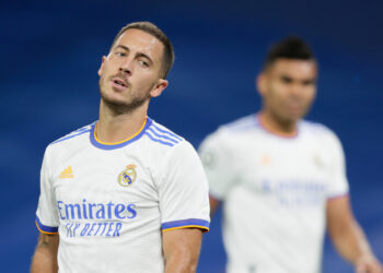 MADRID, SPAIN - SEPTEMBER 28: Eden Hazard of Real Madrid  during the UEFA Champions League  match between Real Madrid v FC Sheriff Tiraspol at the Estadio Alfredo Di Stefano on September 28, 2021 in Madrid Spain (Photo by David S. Bustamante/Soccrates/Getty Images)