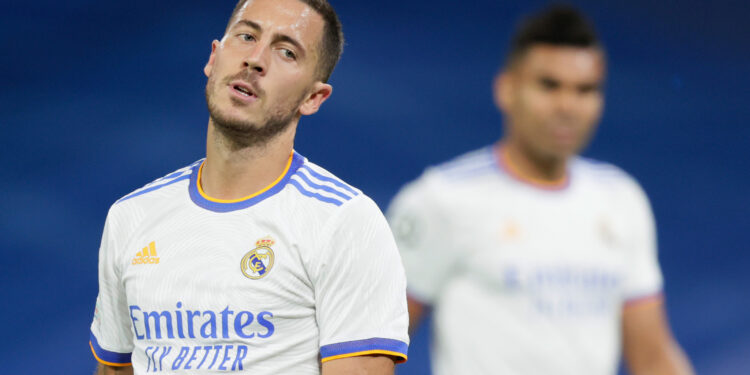 MADRID, SPAIN - SEPTEMBER 28: Eden Hazard of Real Madrid  during the UEFA Champions League  match between Real Madrid v FC Sheriff Tiraspol at the Estadio Alfredo Di Stefano on September 28, 2021 in Madrid Spain (Photo by David S. Bustamante/Soccrates/Getty Images)